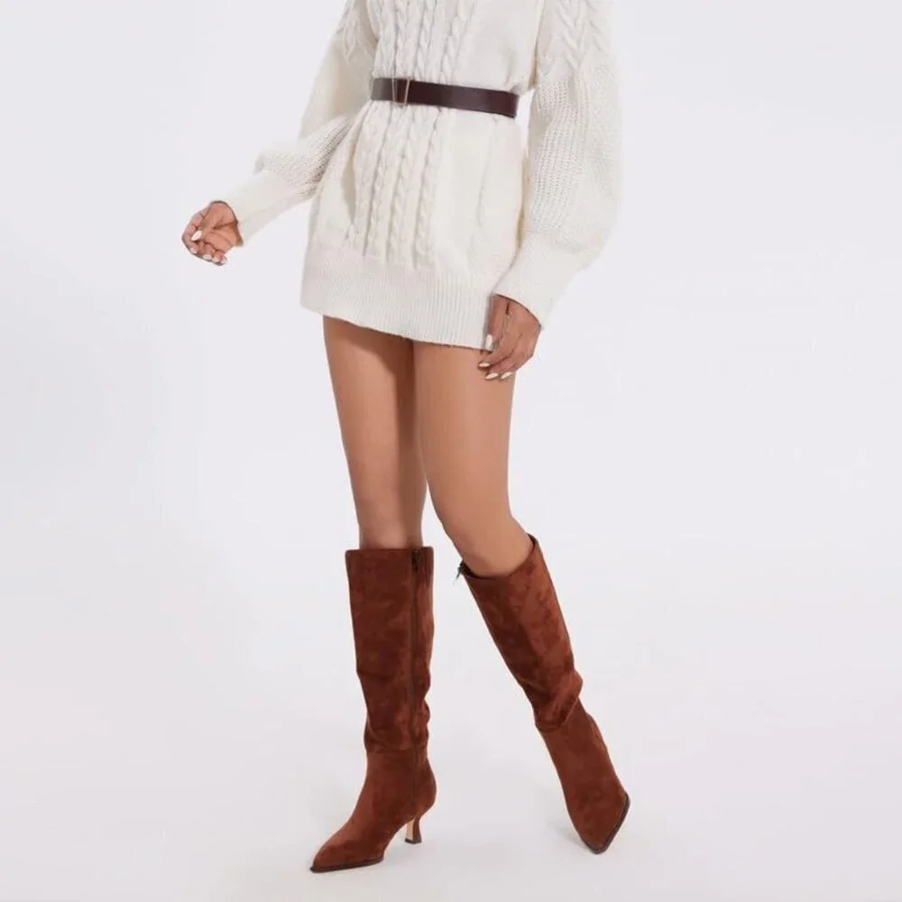 Women's Brown Suede Kitten Low Heel Toe Side Zipper Long Tall Knee High Boots